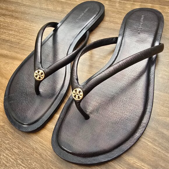 Tory Burch Chelsea Leather Thong Flat Sandals Flip Flop Safari Crystal Black 8 - Picture 2 of 8